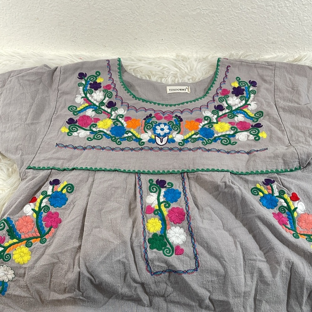 YZXDORWJ Women Mexican Embroidered Floral Dress Short Sleeve Size 2XL - Picture 5 of 15
